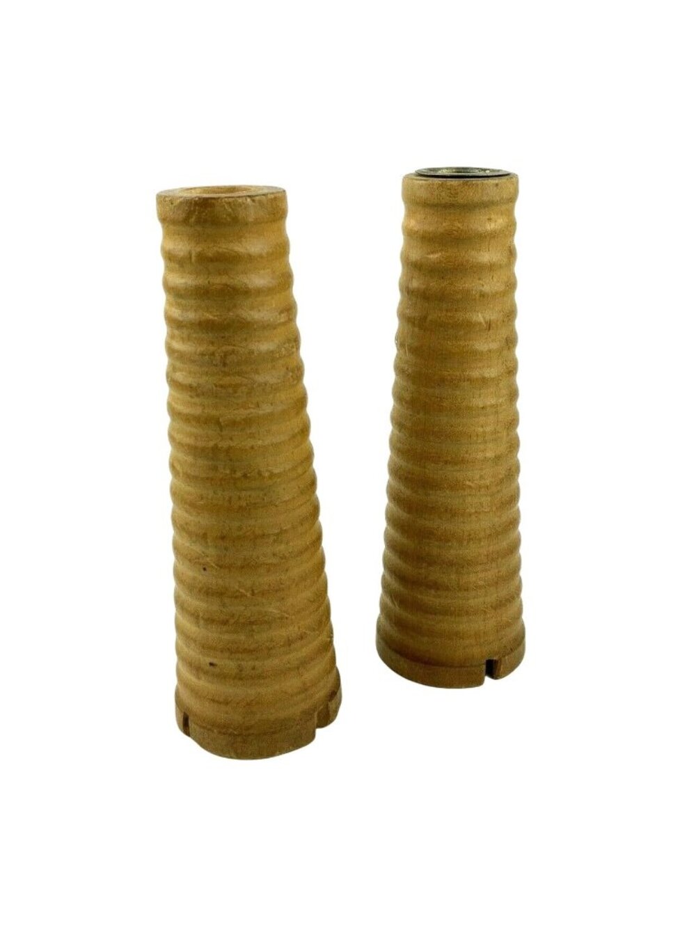 Vintage Wooden Ribbed Thread Yarn Spools Set Of 2 Candleholders Farmhouse Decor